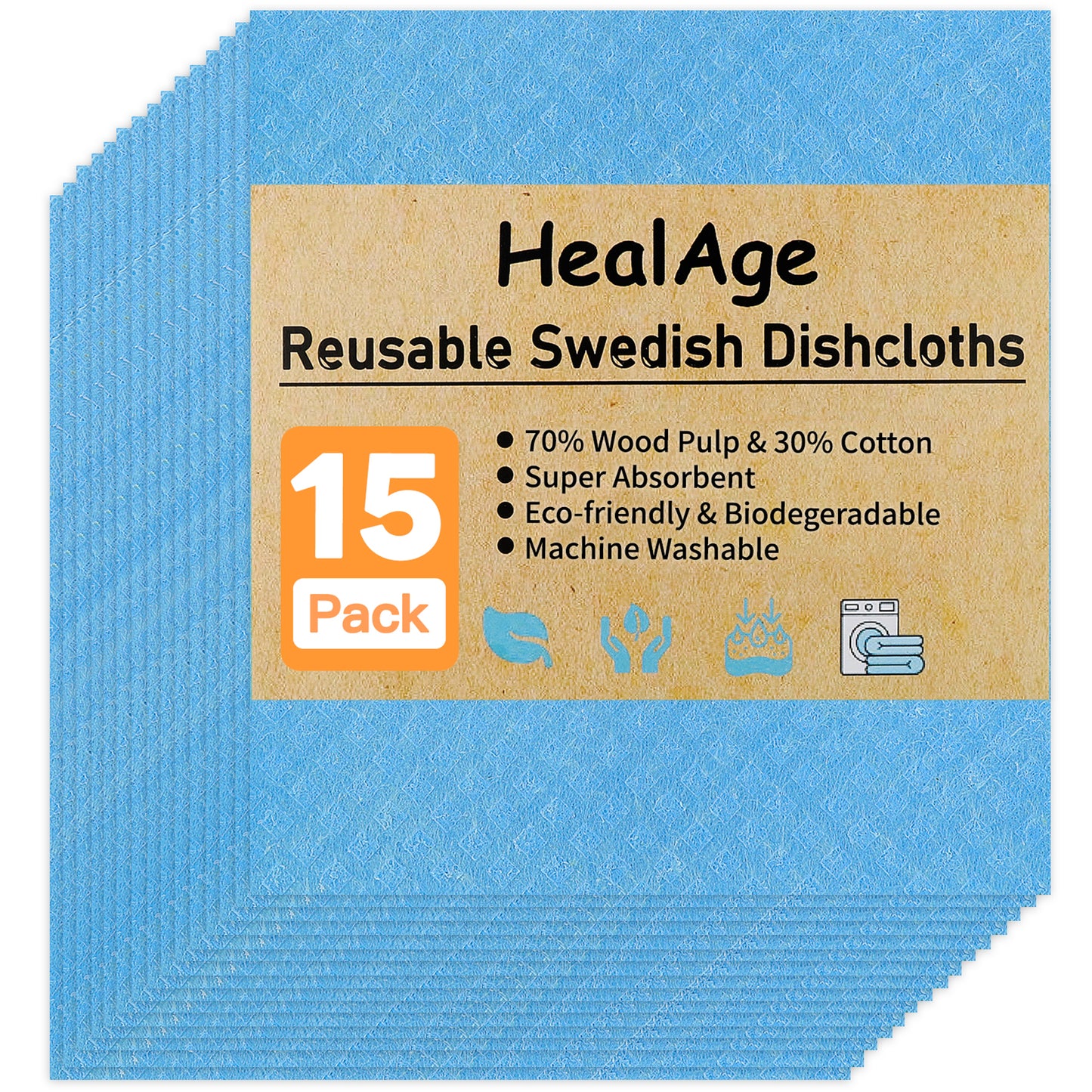 HealAge 15 Pack Swedish Dishcloths for Kitchen,Reusable and Eco-Friendly Cellulose Sponge Cloths, Absorbent and No Odor Reusable Paper Towels for Dishes & Counters, Dishwasher Safe,Blue