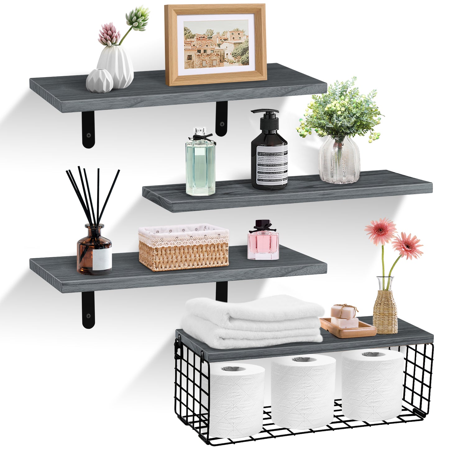 HealAge Floating Shelves for Wall Decor Storage, Bathroom Wall Shelves Set of 4 with Wire Storage Basket, Wall Mounted Wood Shelves for Bathroom,Bedroom, Living Room, Kitchen, Gray
