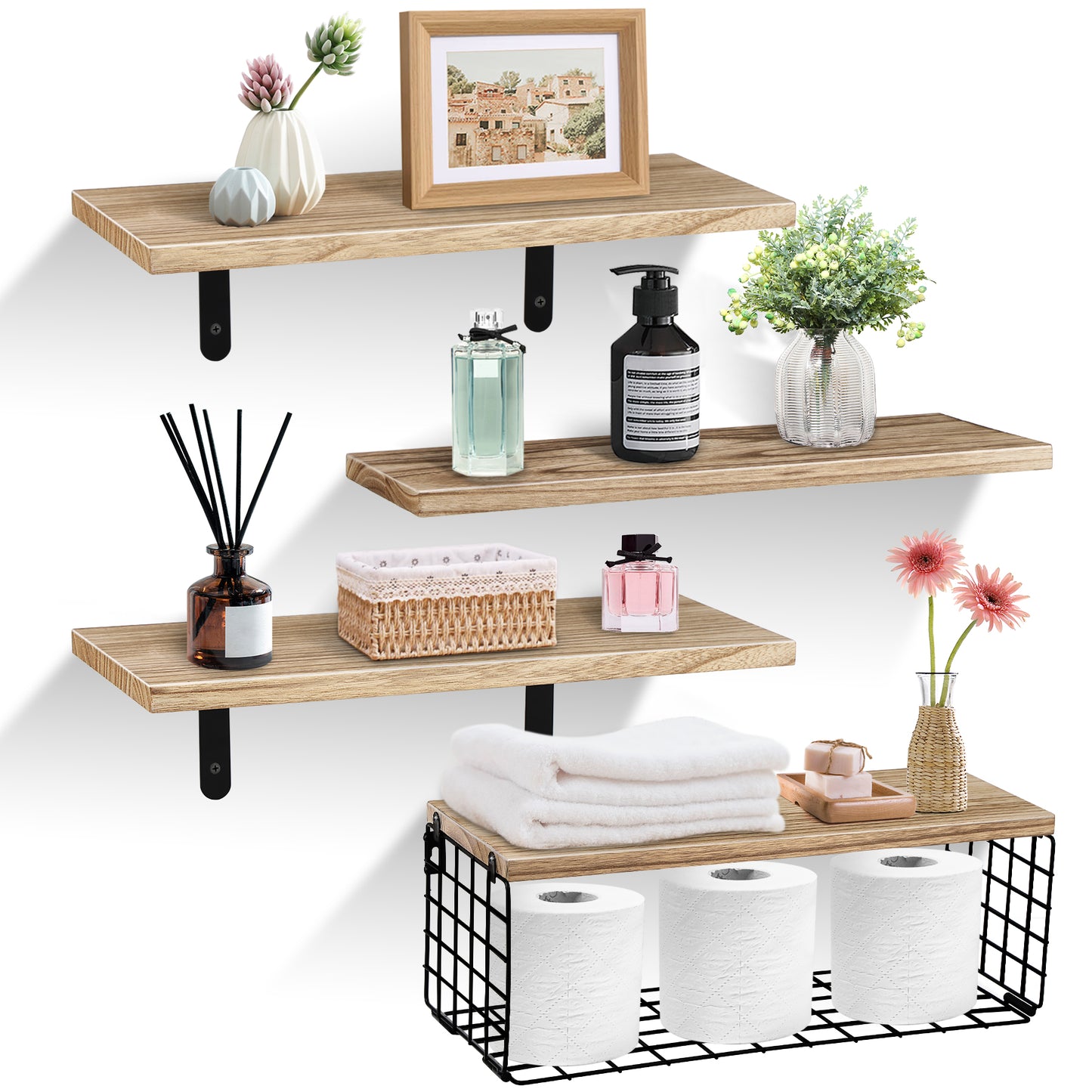 HealAge Bathroom Floating Shelves with Storage Basket,Rustic Wood Floating Shelves for Wall Decor and Organizer, Wall Mounted Shelves for Bathroom, Bedroom, Living Room,Kitchen, Rustic Brown