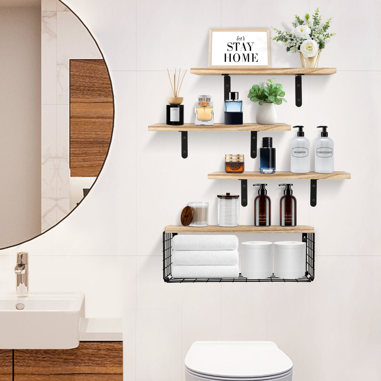 HealAge Bathroom Floating Shelves with Storage Basket,Rustic Wood Floating Shelves for Wall Decor and Organizer, Wall Mounted Shelves for Bathroom, Bedroom, Living Room,Kitchen, Rustic Brown