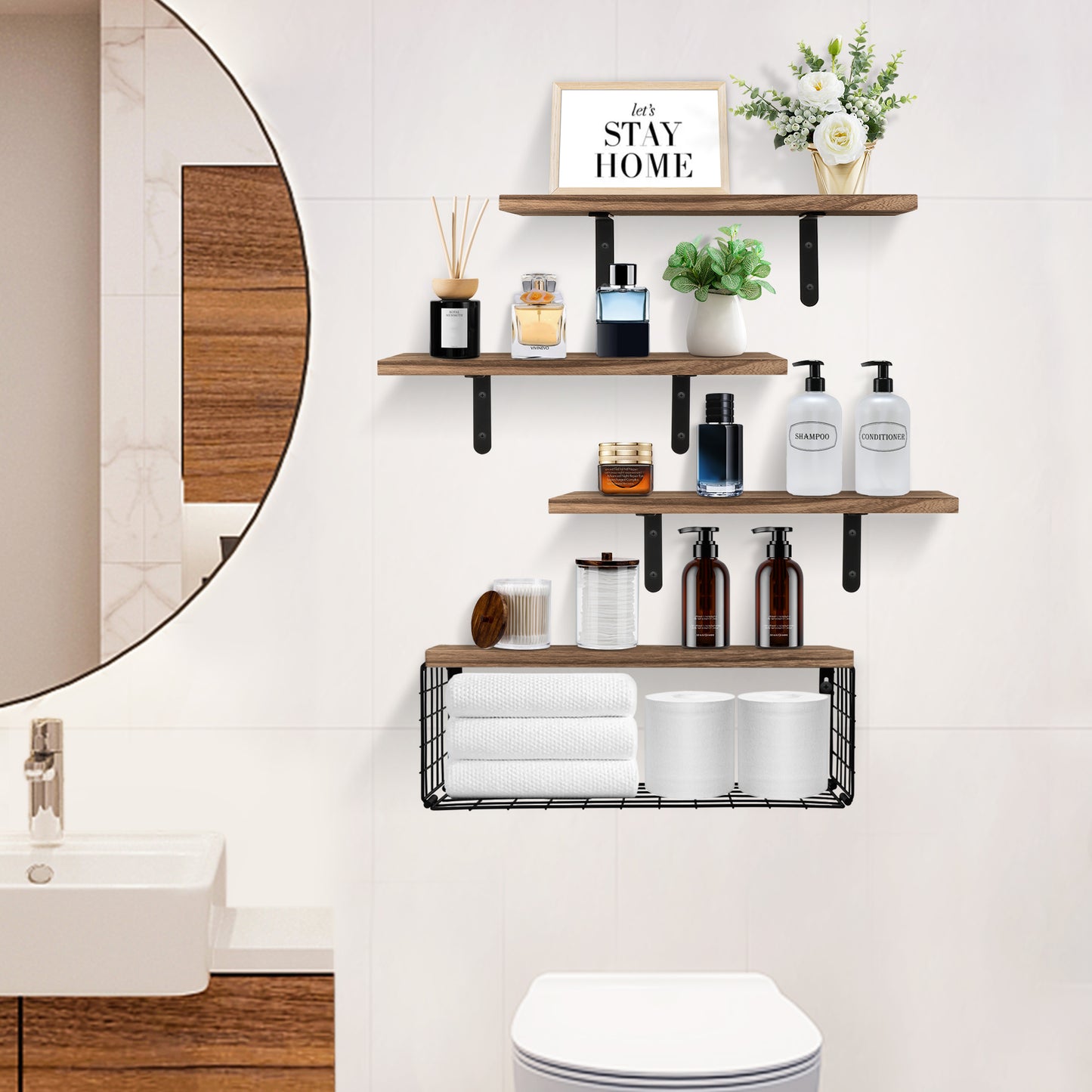 HealAge Bathroom Floating Shelves for Wall Decor and Organizer,Bathroom Shelves Over Toilet with Wire Storage Basket,Wall Mounted Wood Shelves for Bathroom, Bedroom,Living Room,Kitchen,Dark Brown