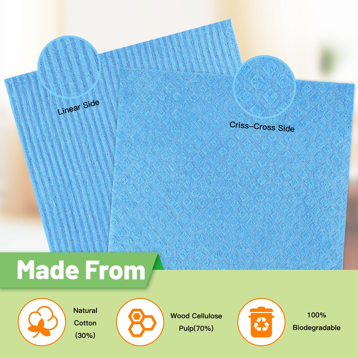 HealAge 15 Pack Swedish Dishcloths for Kitchen,Reusable and Eco-Friendly Cellulose Sponge Cloths, Absorbent and No Odor Reusable Paper Towels for Dishes & Counters, Dishwasher Safe,Blue