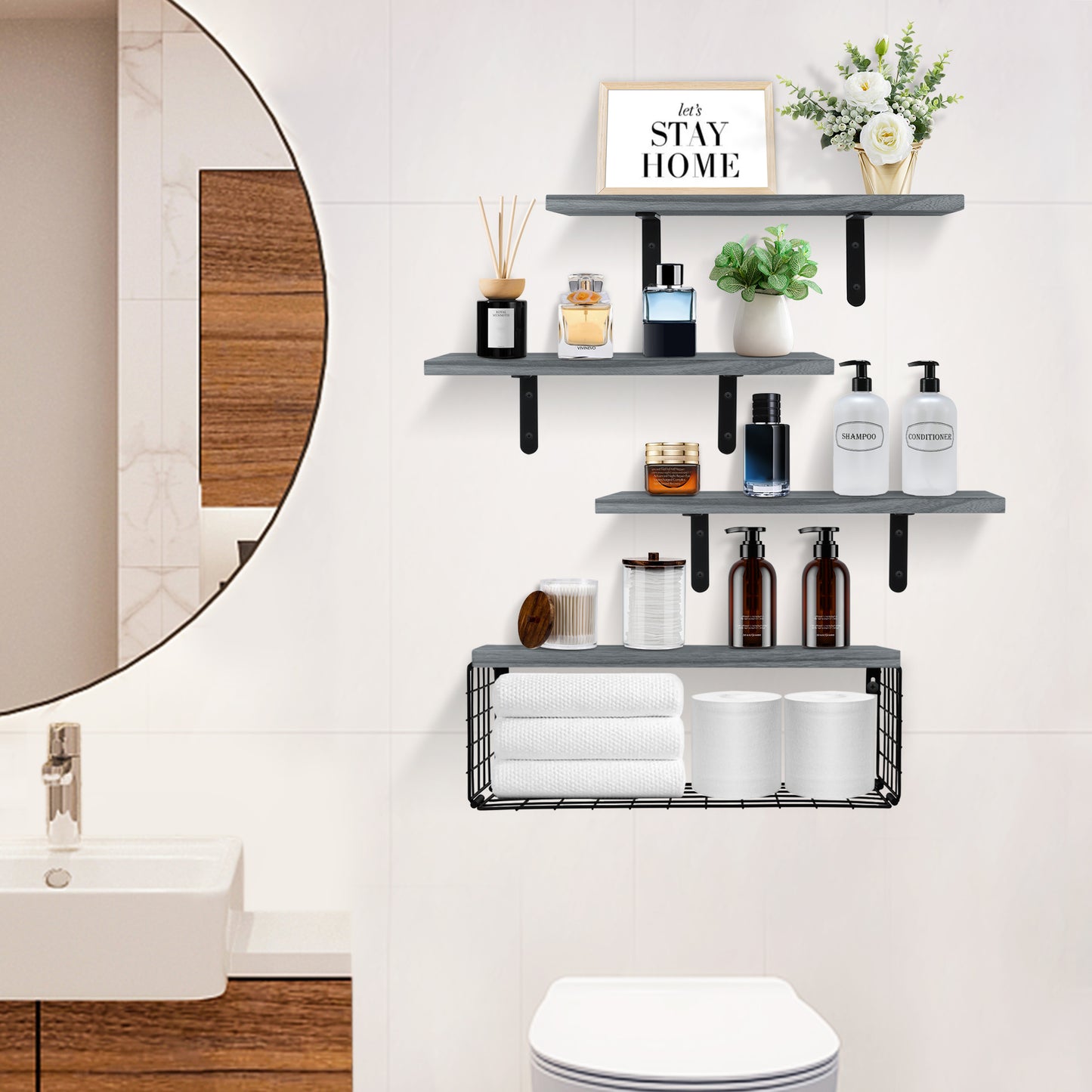 HealAge Floating Shelves for Wall Decor Storage, Bathroom Wall Shelves Set of 4 with Wire Storage Basket, Wall Mounted Wood Shelves for Bathroom,Bedroom, Living Room, Kitchen, Gray