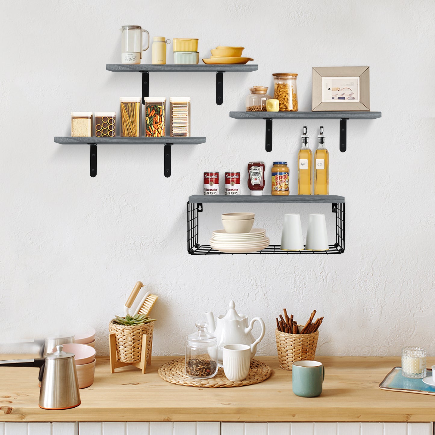 HealAge Floating Shelves for Wall Decor Storage, Bathroom Wall Shelves Set of 4 with Wire Storage Basket, Wall Mounted Wood Shelves for Bathroom,Bedroom, Living Room, Kitchen, Gray
