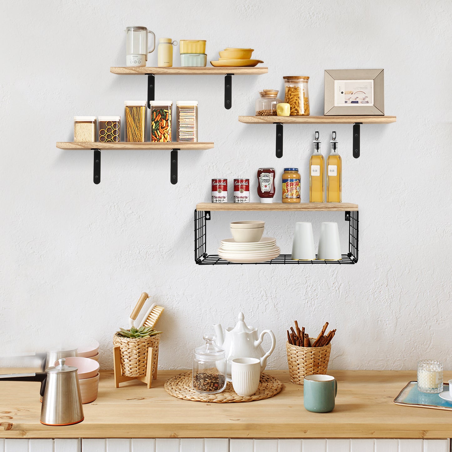HealAge Bathroom Floating Shelves with Storage Basket,Rustic Wood Floating Shelves for Wall Decor and Organizer, Wall Mounted Shelves for Bathroom, Bedroom, Living Room,Kitchen, Rustic Brown