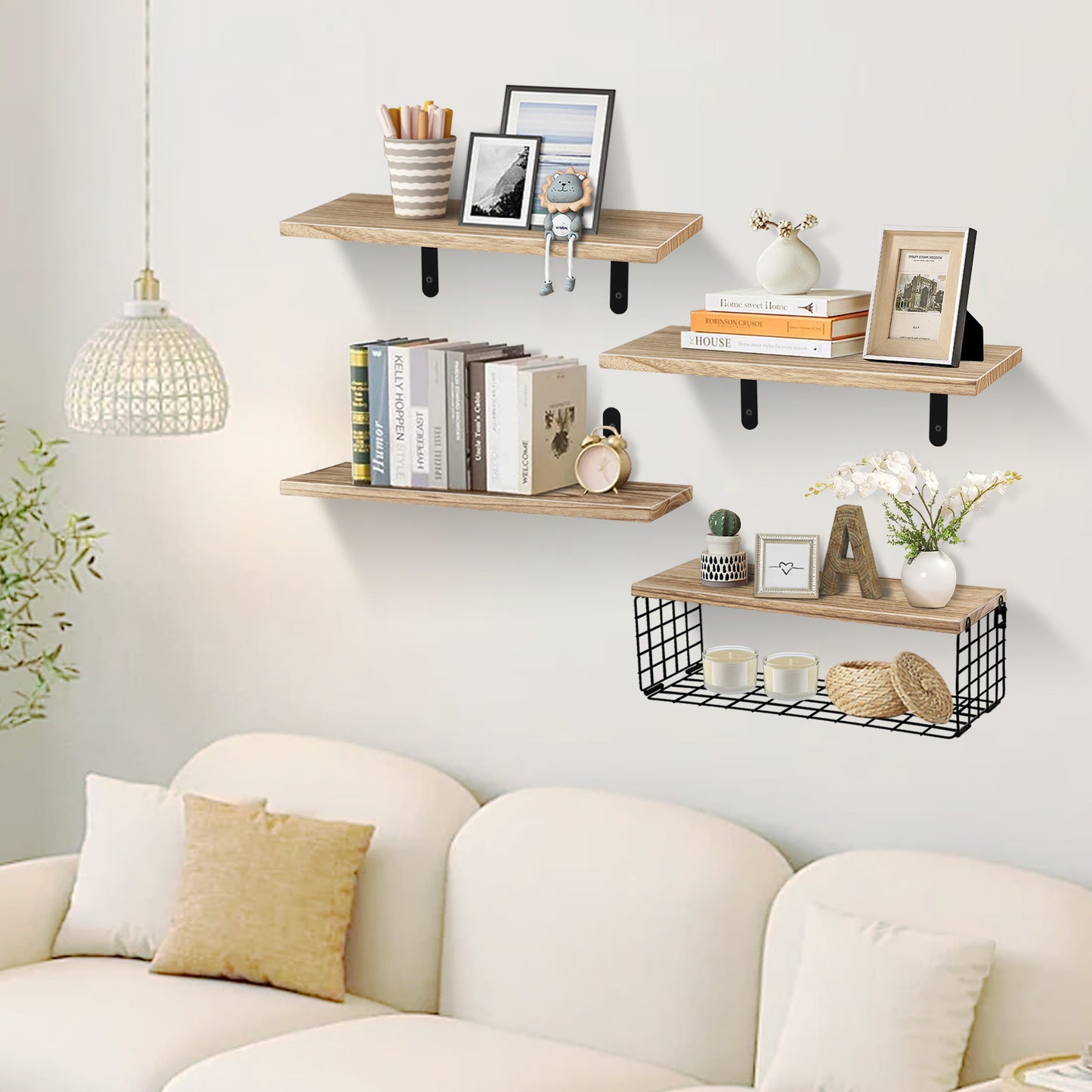 HealAge Bathroom Floating Shelves with Storage Basket,Rustic Wood Floating Shelves for Wall Decor and Organizer, Wall Mounted Shelves for Bathroom, Bedroom, Living Room,Kitchen, Rustic Brown