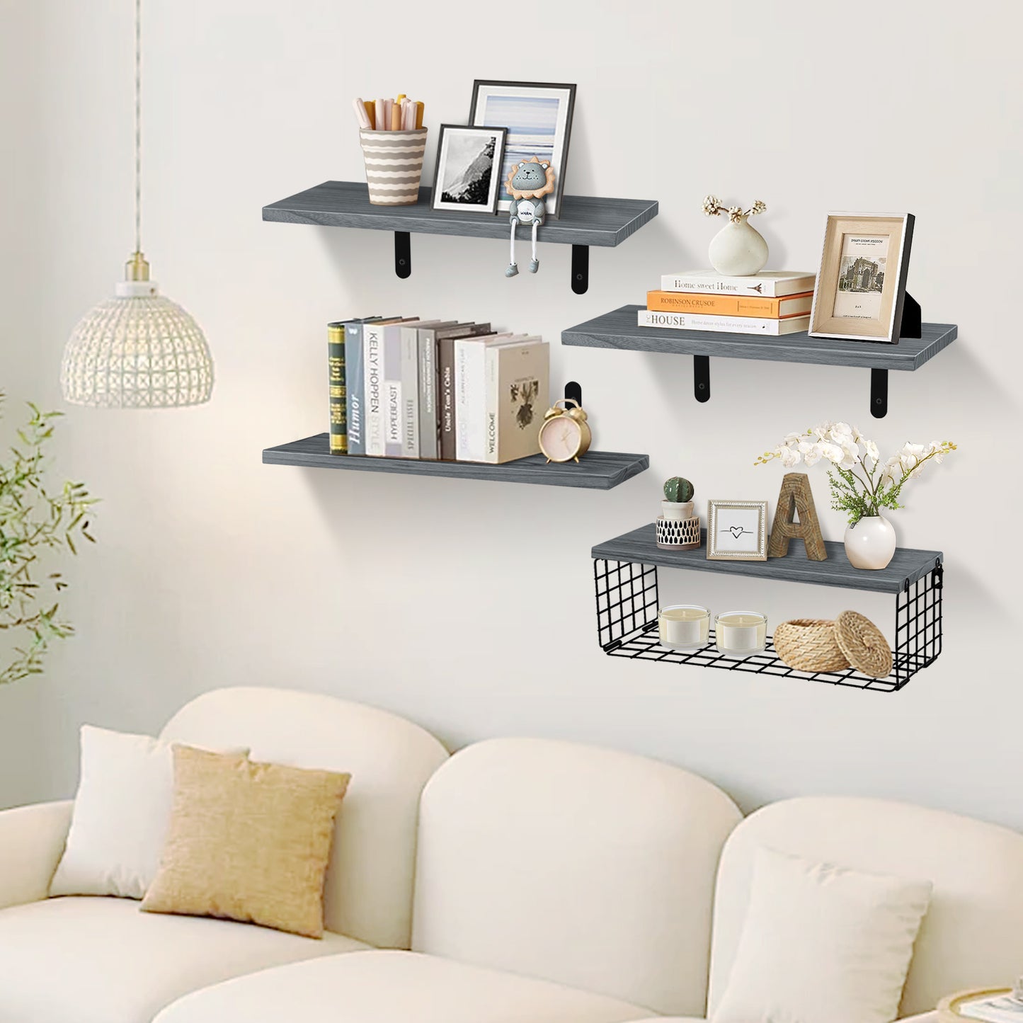 HealAge Floating Shelves for Wall Decor Storage, Bathroom Wall Shelves Set of 4 with Wire Storage Basket, Wall Mounted Wood Shelves for Bathroom,Bedroom, Living Room, Kitchen, Gray