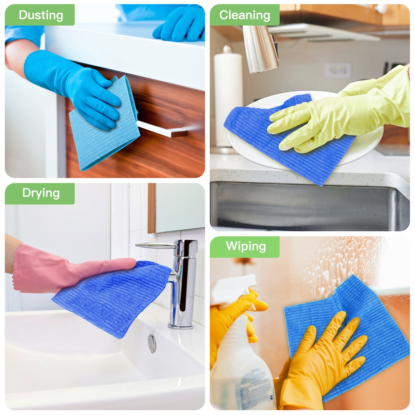 HealAge 15 Pack Swedish Dishcloths for Kitchen,Reusable and Eco-Friendly Cellulose Sponge Cloths, Absorbent and No Odor Reusable Paper Towels for Dishes & Counters, Dishwasher Safe,Blue