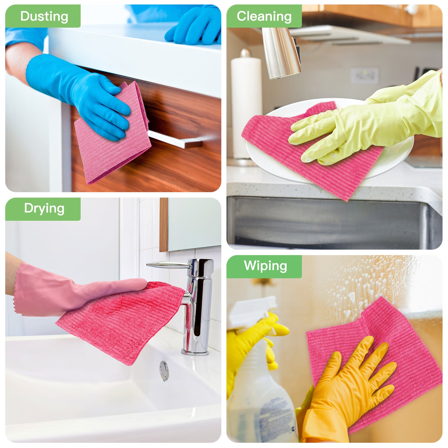 HealAge 15 Pack Swedish Dishcloths for Kitchen,Eco-Friendly Sponge Dish Cloths for Kitchen, Counters & Washing Dishes, Reusable Paper Towels Washable, Pink