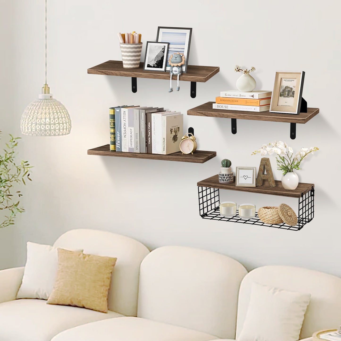 HealAge Bathroom Floating Shelves for Wall Decor and Organizer,Bathroom Shelves Over Toilet with Wire Storage Basket,Wall Mounted Wood Shelves for Bathroom, Bedroom,Living Room,Kitchen,Dark Brown