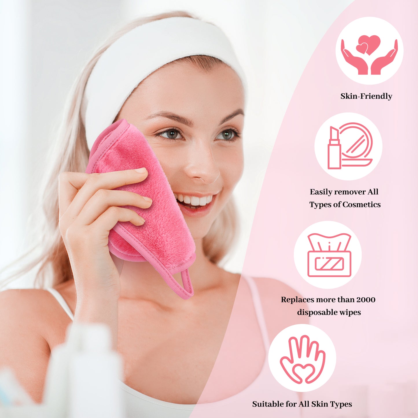 HealAge 15 Pack Makeup Remover Cloth, Microfiber Reusable Makeup Remover Pads, Washable Facial Cleansing Cloth for All Skin Types,6x6 Inch,Pink