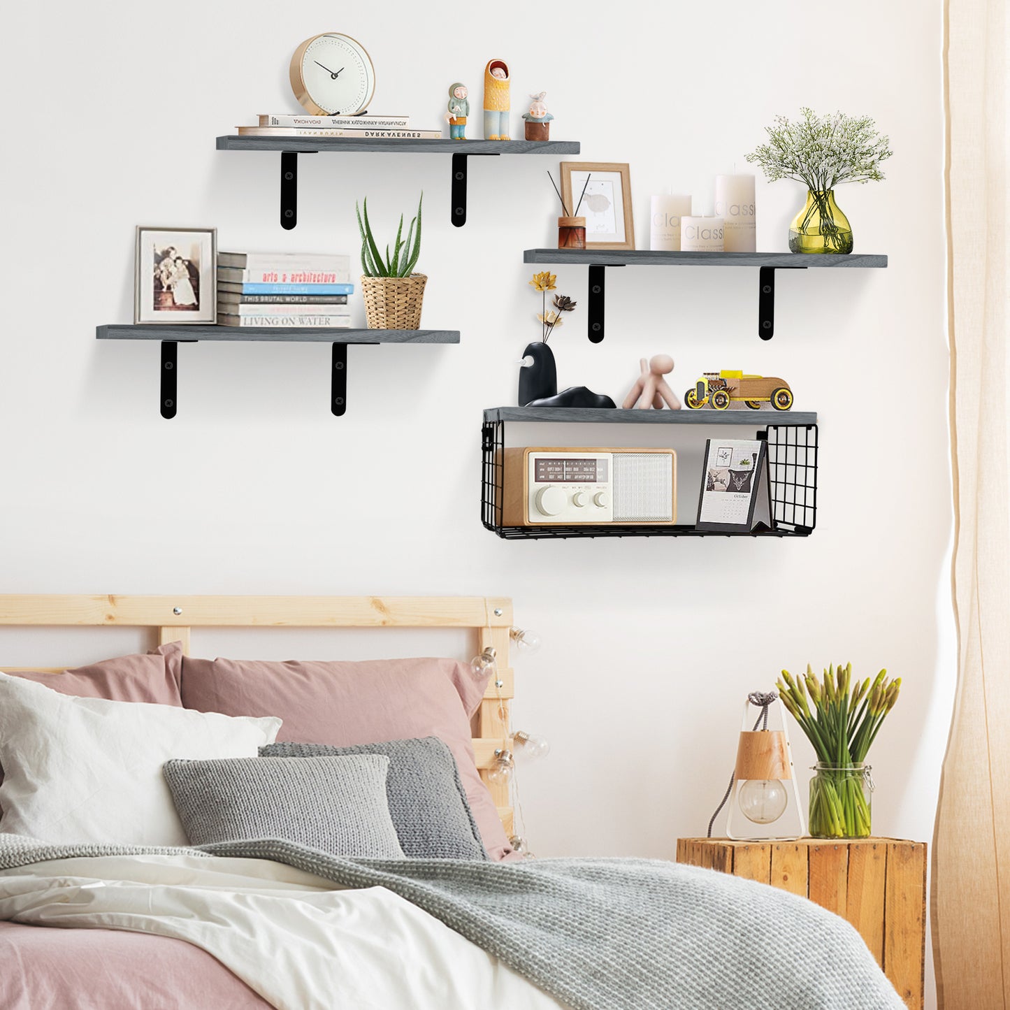 HealAge Floating Shelves for Wall Decor Storage, Bathroom Wall Shelves Set of 4 with Wire Storage Basket, Wall Mounted Wood Shelves for Bathroom,Bedroom, Living Room, Kitchen, Gray