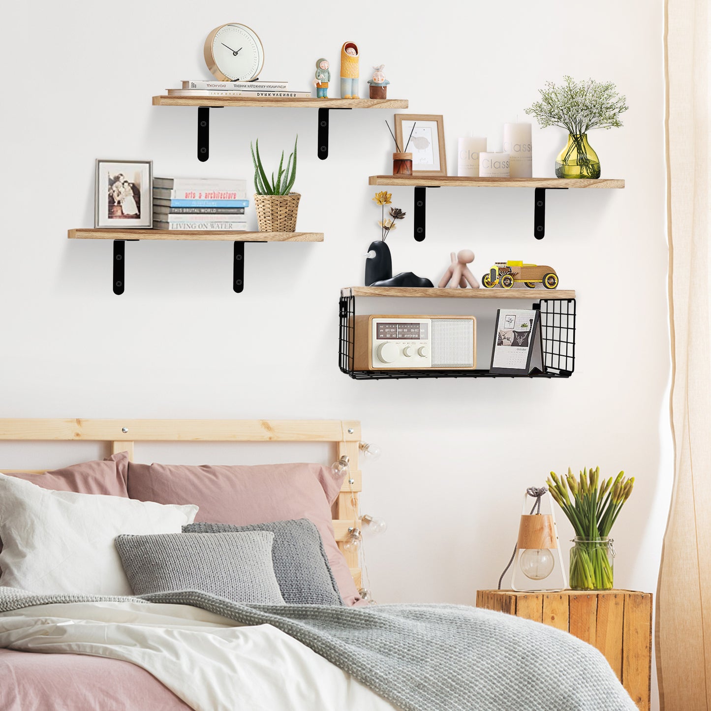 HealAge Bathroom Floating Shelves with Storage Basket,Rustic Wood Floating Shelves for Wall Decor and Organizer, Wall Mounted Shelves for Bathroom, Bedroom, Living Room,Kitchen, Rustic Brown
