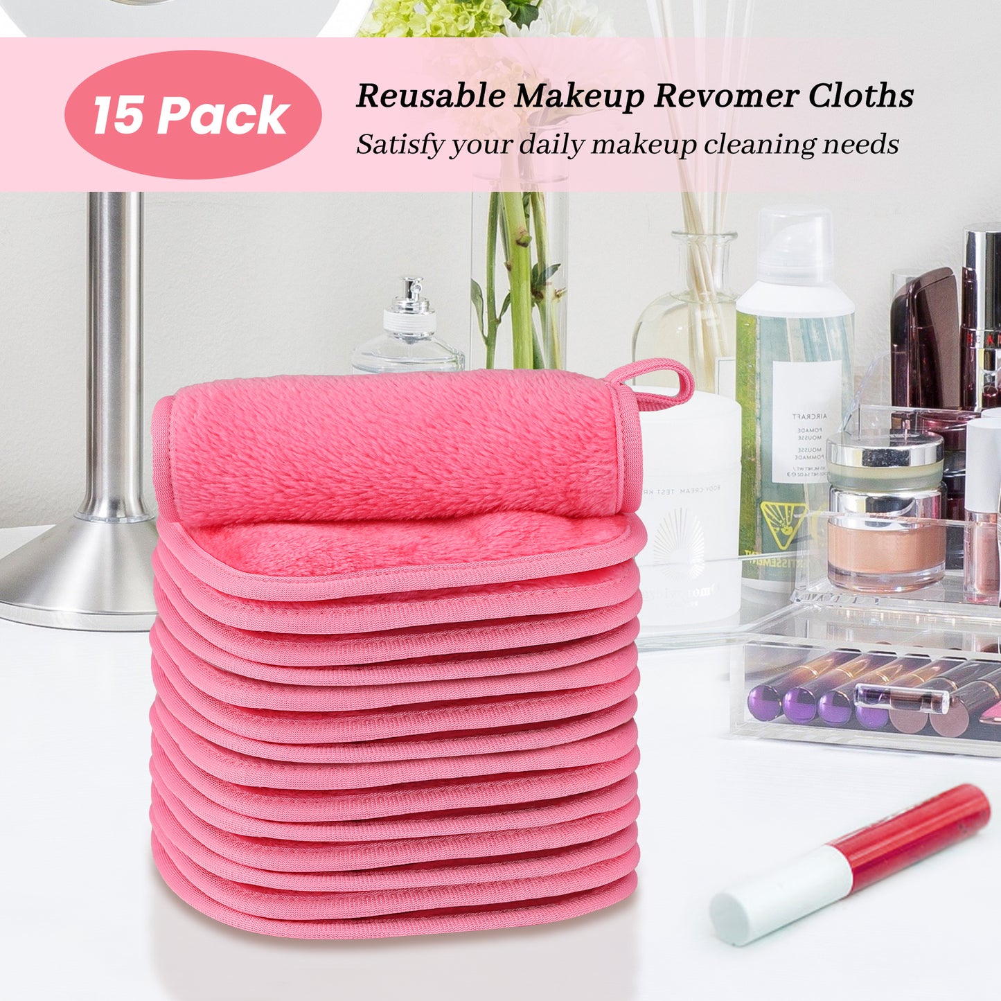 HealAge 15 Pack Makeup Remover Cloth, Microfiber Reusable Makeup Remover Pads, Washable Facial Cleansing Cloth for All Skin Types,6x6 Inch,Pink