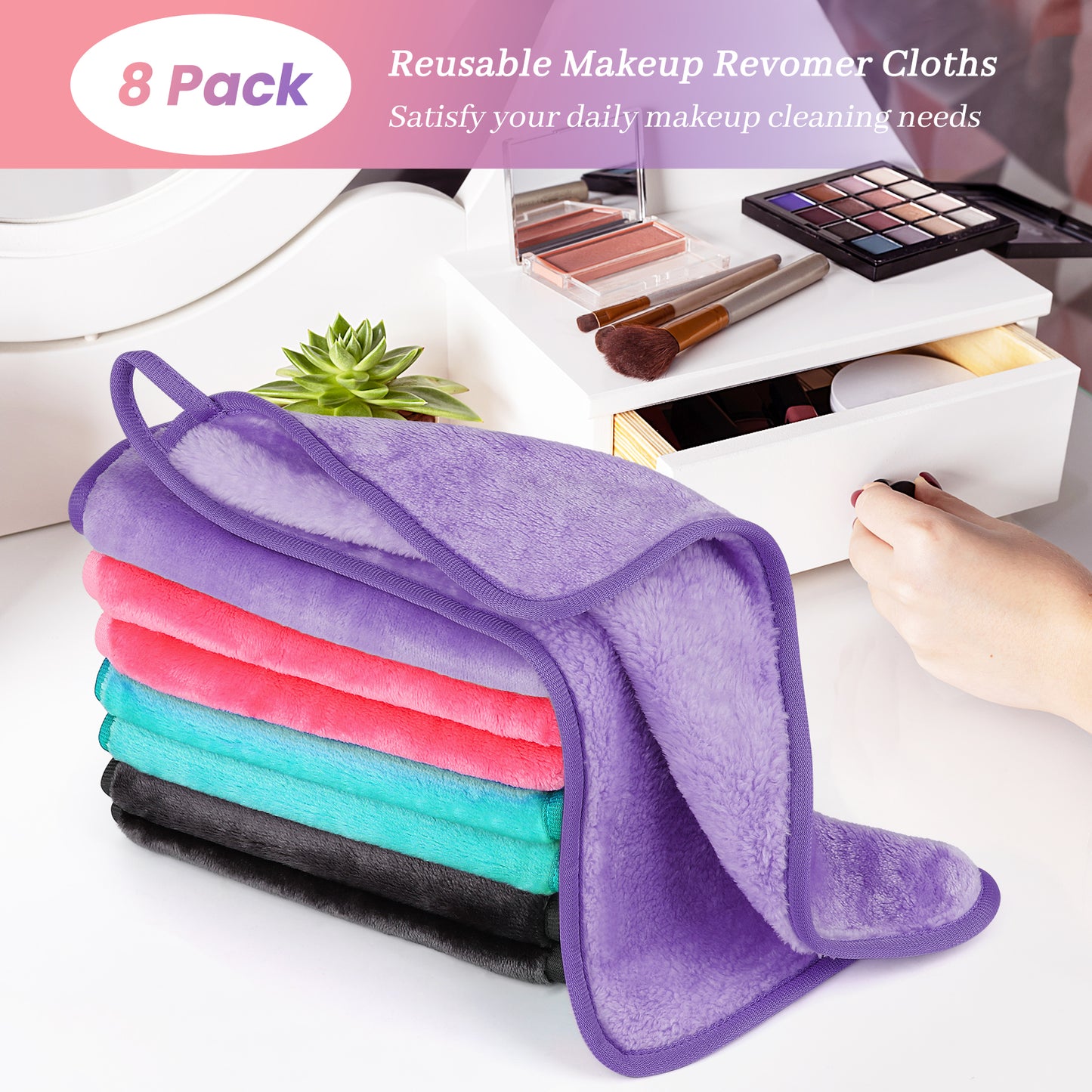 HealAge 8 Pack Reusable Makeup Remover Cloth,14x8Inch Ultra Soft Makeup Remover Towels,Microfiber Facial Cleansing Cloths 4 Colors-Purple Pink Blue Gray
