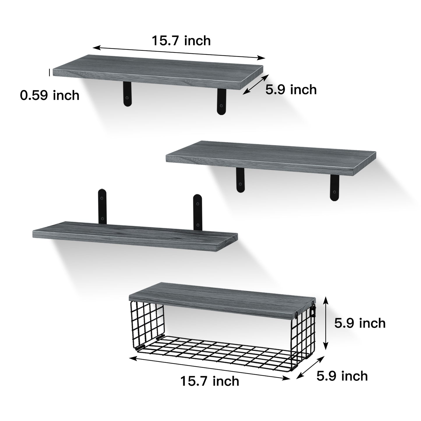 HealAge Floating Shelves for Wall Decor Storage, Bathroom Wall Shelves Set of 4 with Wire Storage Basket, Wall Mounted Wood Shelves for Bathroom,Bedroom, Living Room, Kitchen, Gray