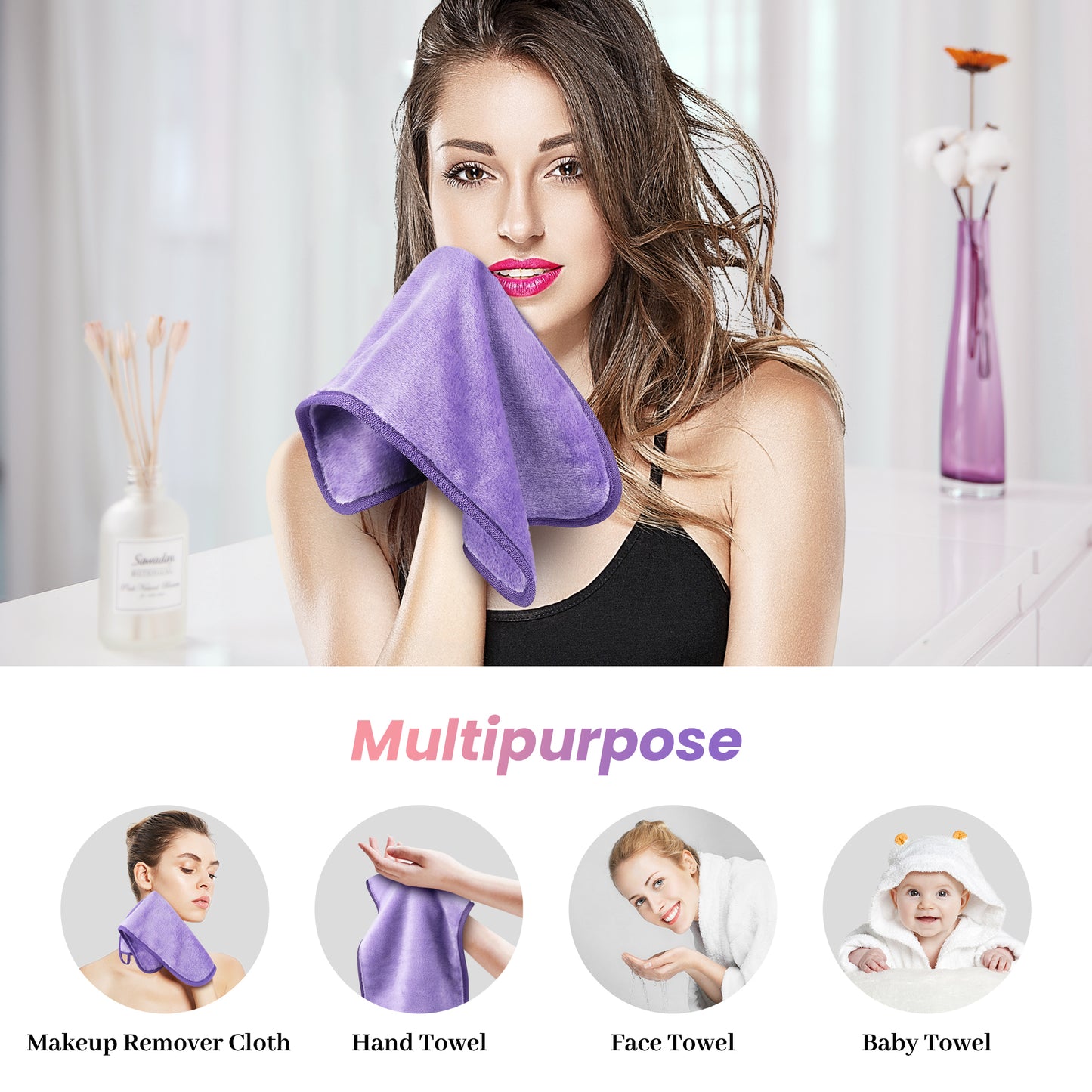 HealAge 8 Pack Reusable Makeup Remover Cloth,14x8Inch Ultra Soft Makeup Remover Towels,Microfiber Facial Cleansing Cloths 4 Colors-Purple Pink Blue Gray