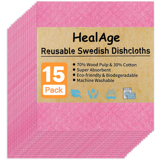 HealAge 15 Pack Swedish Dishcloths for Kitchen,Eco-Friendly Sponge Dish Cloths for Kitchen, Counters & Washing Dishes, Reusable Paper Towels Washable, Pink