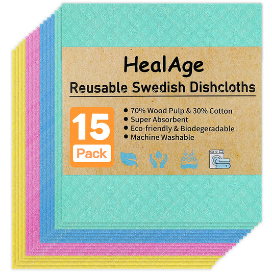 HealAge Swedish Dishcloths for Kitchen,15 Pack Eco-Friendly Cellulose Sponge Dish Cloths, Reusable Dish Towels Washable for Kitchen and Household Use,4 Colors Assorted