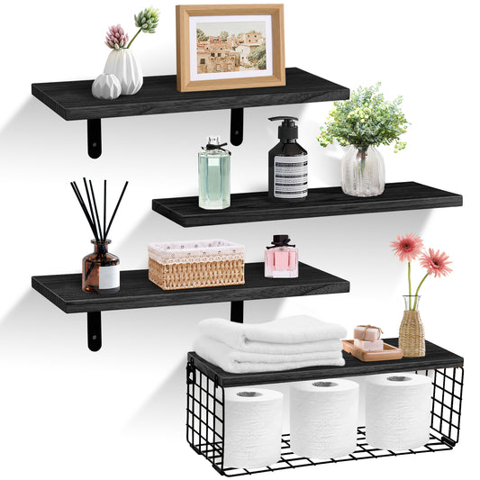 HealAge Floating Shelves Wall Mounted with Storage Basket, Bathroom Floating Shelves Over Toilet,Rustic Wood Shelves for Bathroom,Bedroom,Living Room,Kitchen,Black