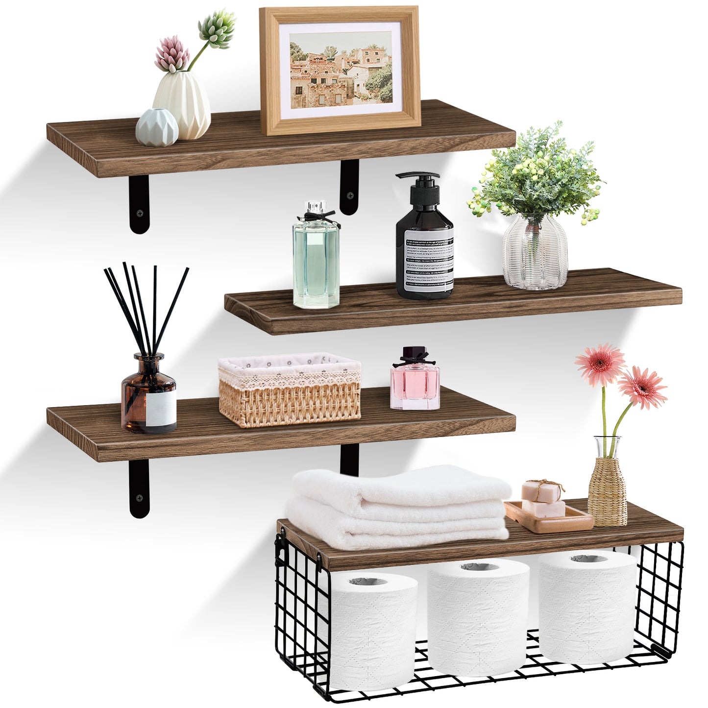 HealAge Bathroom Floating Shelves for Wall Decor and Organizer,Bathroom Shelves Over Toilet with Wire Storage Basket,Wall Mounted Wood Shelves for Bathroom, Bedroom,Living Room,Kitchen,Dark Brown
