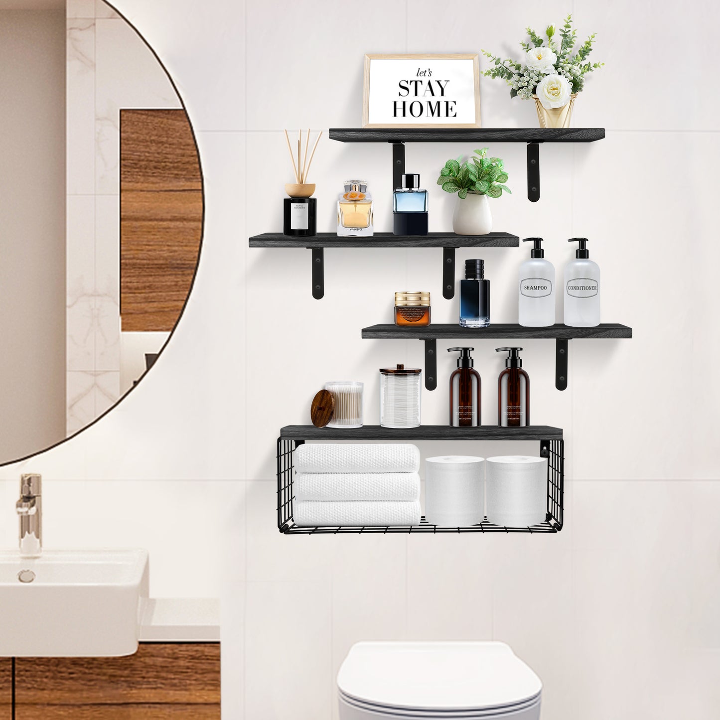 HealAge Floating Shelves Wall Mounted with Storage Basket, Bathroom Floating Shelves Over Toilet,Rustic Wood Shelves for Bathroom,Bedroom,Living Room,Kitchen,Black