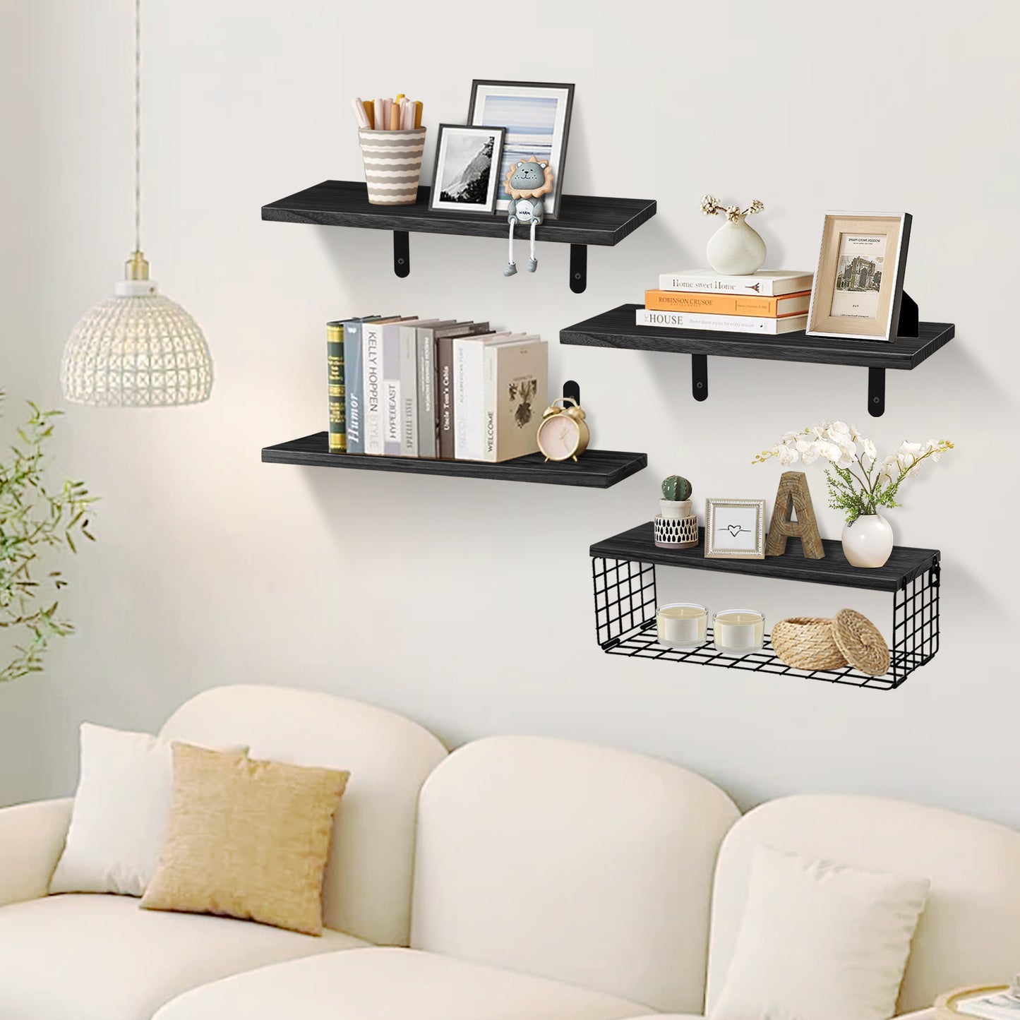 HealAge Floating Shelves Wall Mounted with Storage Basket, Bathroom Floating Shelves Over Toilet,Rustic Wood Shelves for Bathroom,Bedroom,Living Room,Kitchen,Black