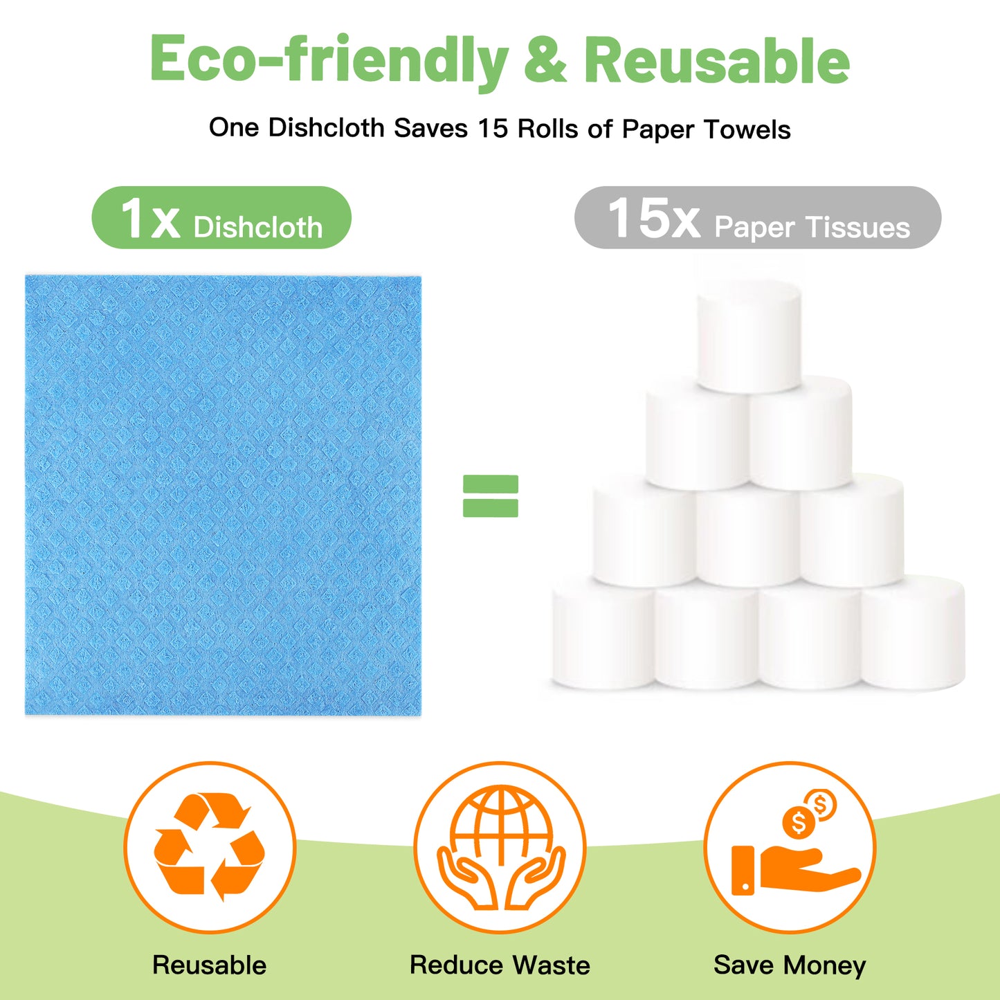HealAge 15 Pack Swedish Dishcloths for Kitchen,Reusable and Eco-Friendly Cellulose Sponge Cloths, Absorbent and No Odor Reusable Paper Towels for Dishes & Counters, Dishwasher Safe,Blue