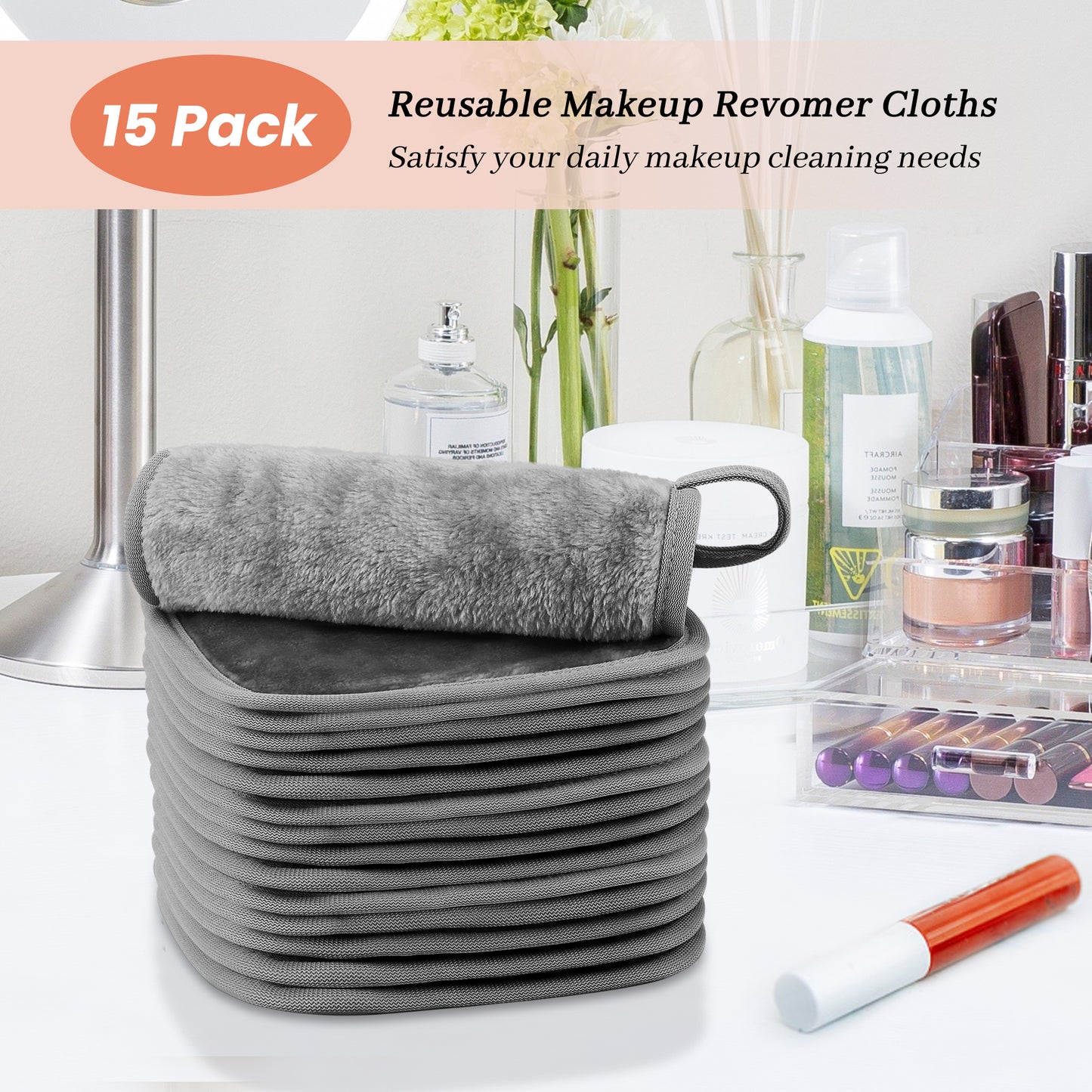 HealAge Reusable Makeup Remover Cloth 6x6Inch, 15 Pack Microfiber Makeup Remover Pads for All Skin Types,Washable Ultra Soft Facial Cleansing Cloth(Gray)