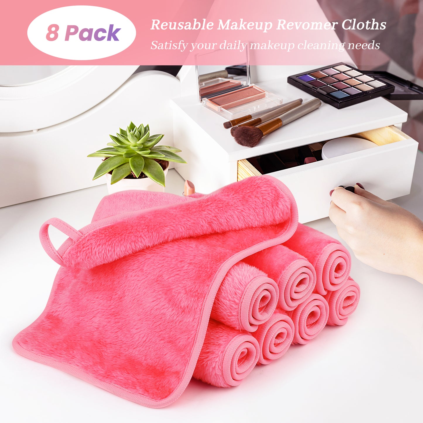 HealAge Reusable Makeup Remover Cloths 8 Pack, Ultra Soft Microfiber Facial Cleansing Cloths, Washable Makeup Remover Towels for All Skin Types,13x7 inch,Pink