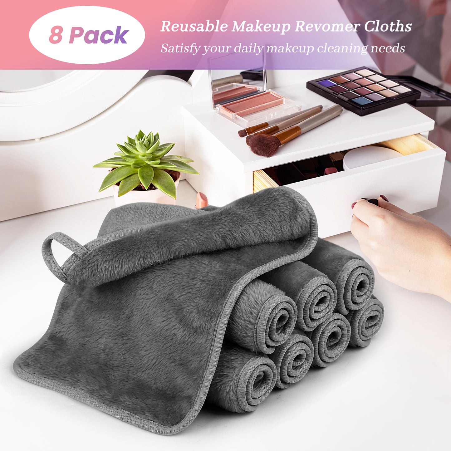 HealAge Makeup Remover Cloths Pack of 8, Soft Microfiber Facial Cleansing Cloths,13x7 inch Reusable Makeup Remover Towels for All Skin Types,Gray