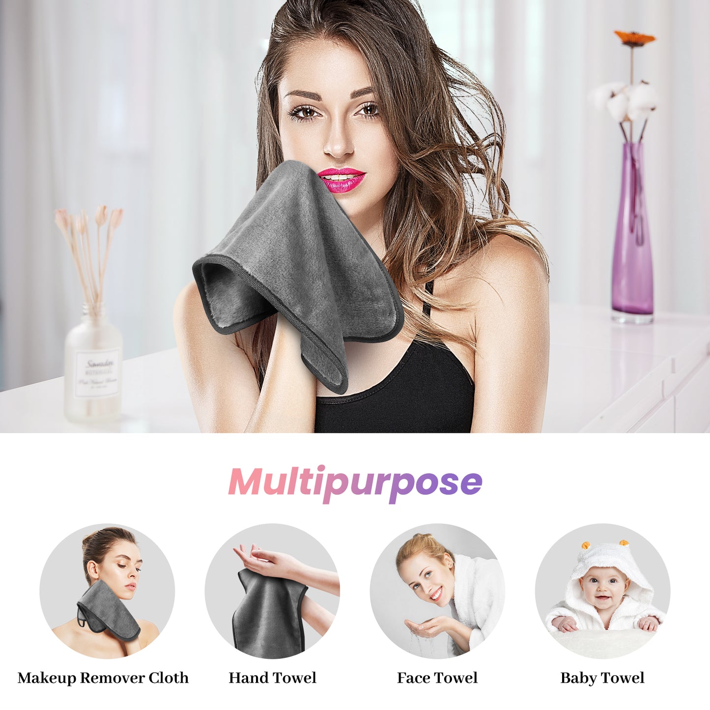 HealAge Makeup Remover Cloths Pack of 8, Soft Microfiber Facial Cleansing Cloths,13x7 inch Reusable Makeup Remover Towels for All Skin Types,Gray