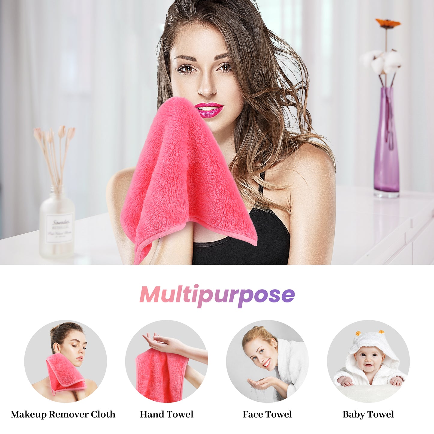 HealAge Reusable Makeup Remover Cloths 8 Pack, Ultra Soft Microfiber Facial Cleansing Cloths, Washable Makeup Remover Towels for All Skin Types,13x7 inch,Pink